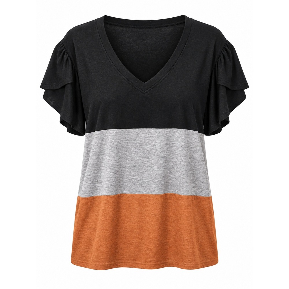 Women's Black Gray Rust Color-Block V-Neck Tulip-Sleeve Top